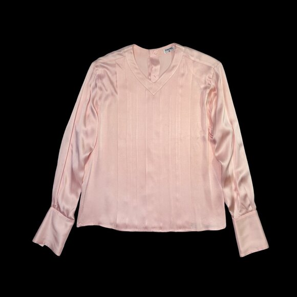 CHANEL Vintage Pleated Button Up Blouse in Pale Pink Silk - Picture 1 of 11